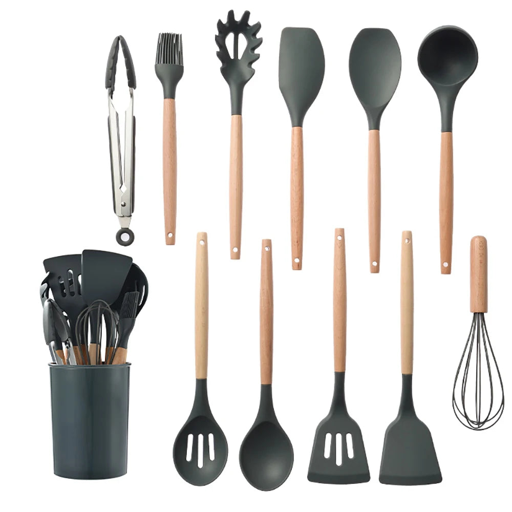 Silicone Kitchen Utensil Set With Wooden Handles For Nonstick Cookware
