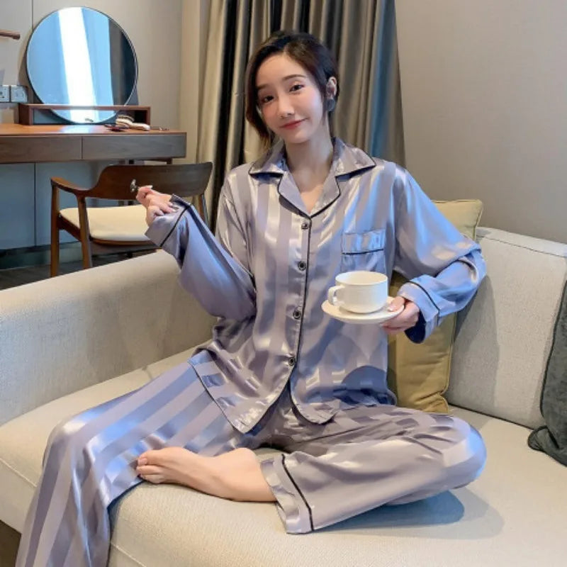 Women Satin Pajama Set Striped Two Piece Cardigan Roll Neck