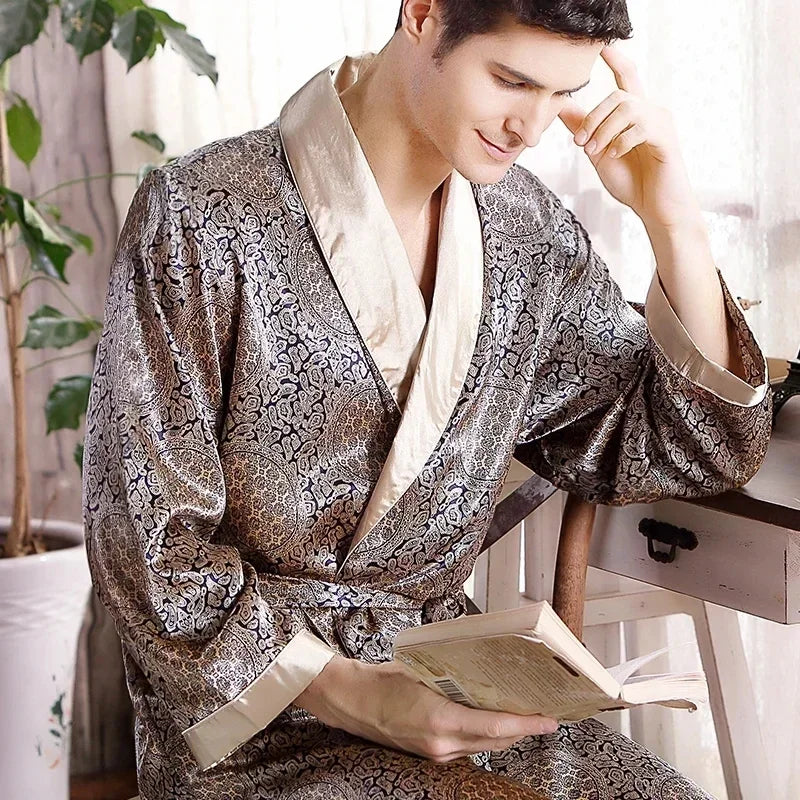 Men Bath Robe Satin Print Geometric Kimono Silk Dressing Gown