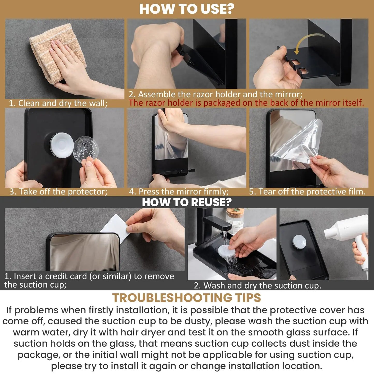 Fogless Shower Mirror With Razor Holder, Suction Mount, Rustproof