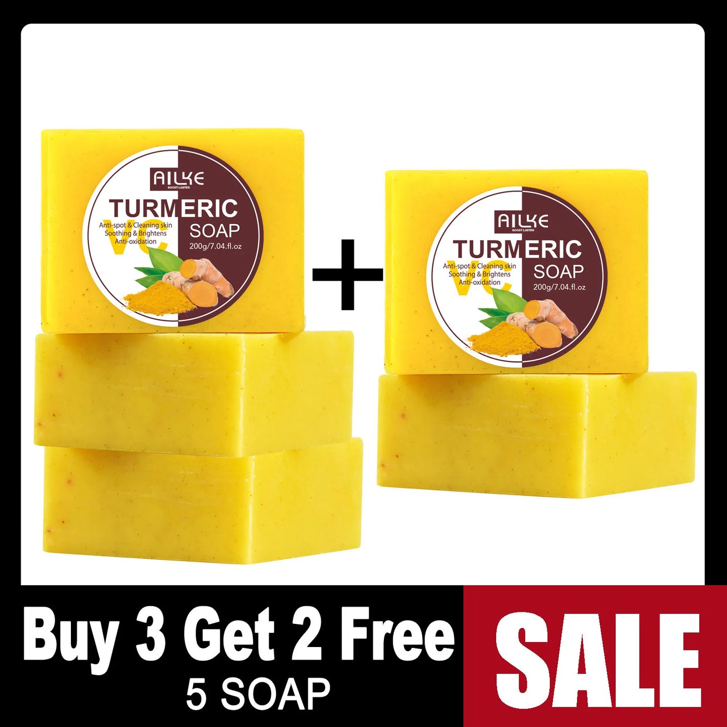 AILKE Natural Turmeric Soap Bar, Brighten, Remove Darkness, Acne, Pimples, Cleaning, Exfoliates, Uneven Skin Tone, 200g