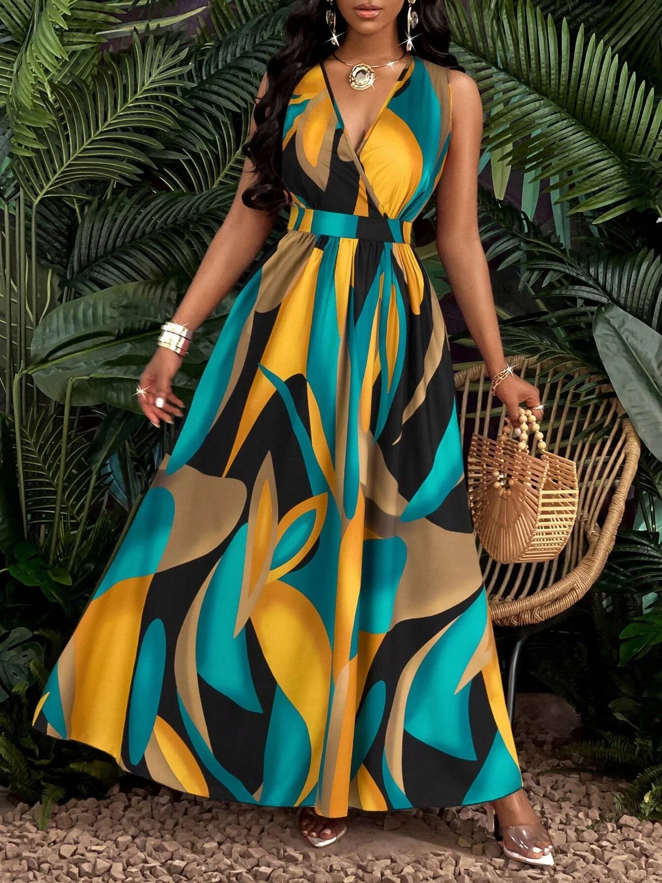 Womens Sleeveless V Neck Floor Length Dress With Abstract Print