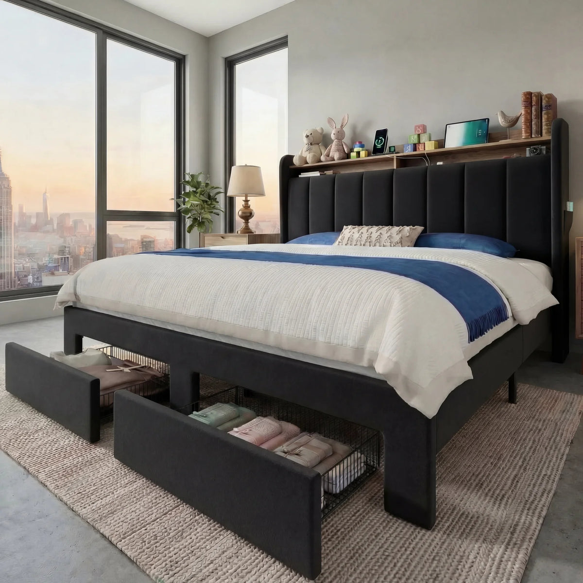 Hoomic Storage Bed Frame With LED Lights Charging Station