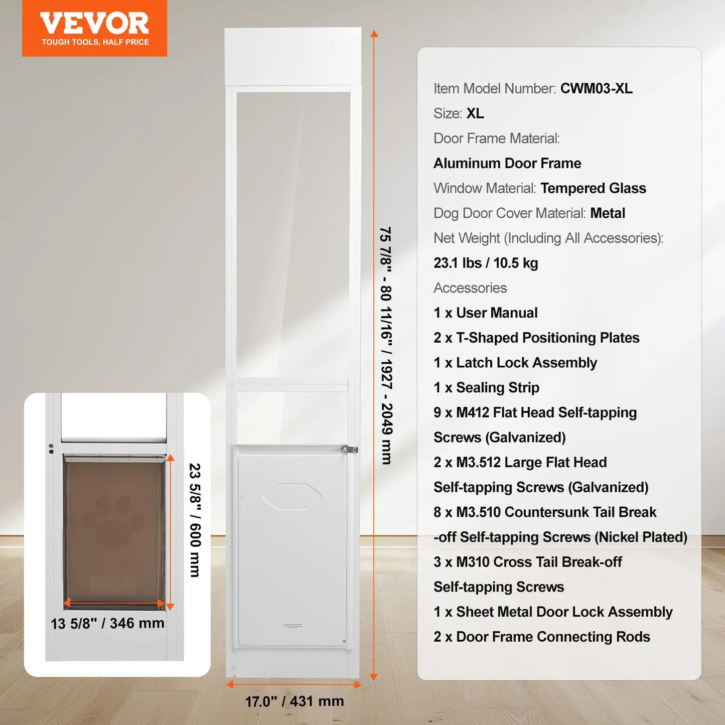 Dog Door for Sliding Glass Door With Adjustable Height Aluminum Frame