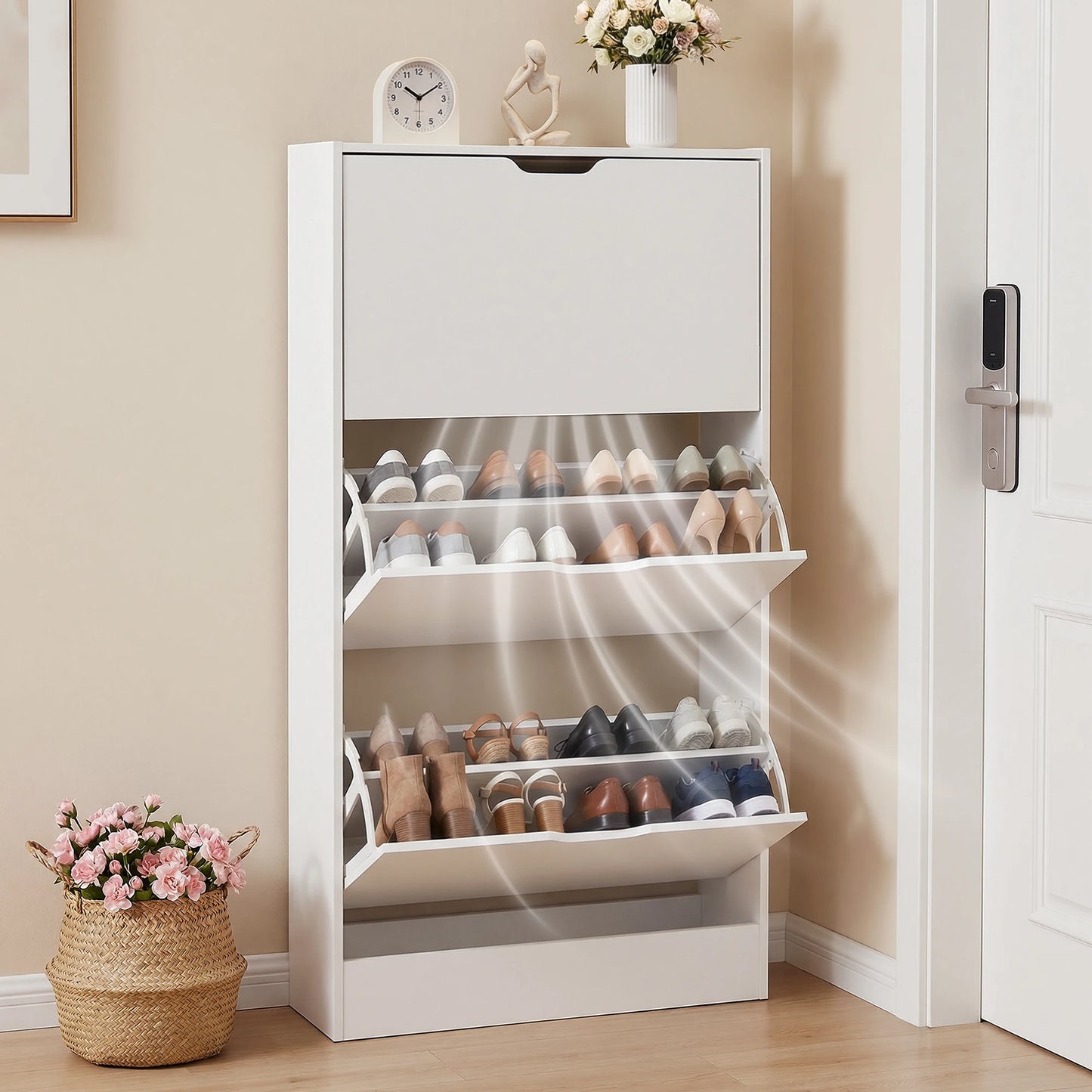 Shoe Cabinet With 3 Flip Drawers Wooden Entryway Organizer