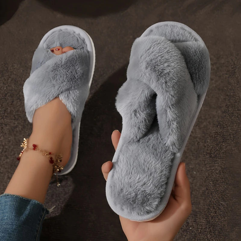 Lightweight Warm Furry Slippers For Women Non Slip Indoor Open Toe Shoes