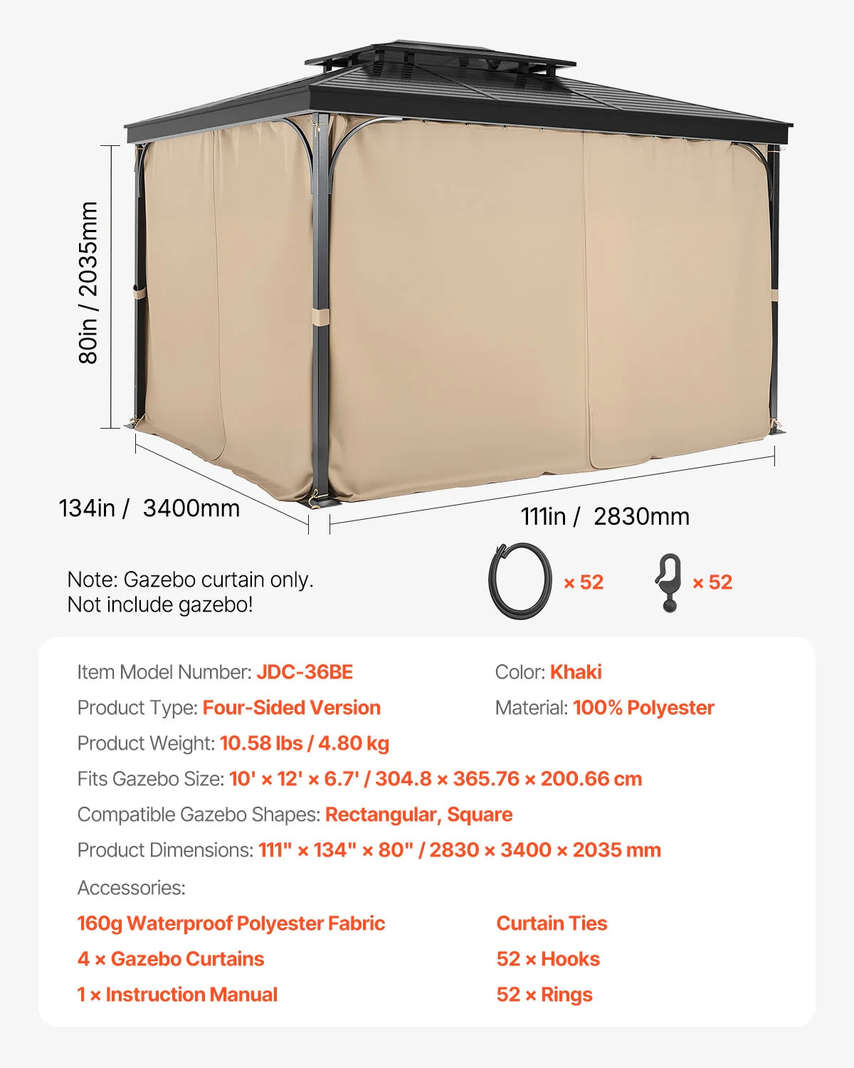 VEVOR 4 Panel Gazebo Privacy Curtains With Zippered Patio Shades