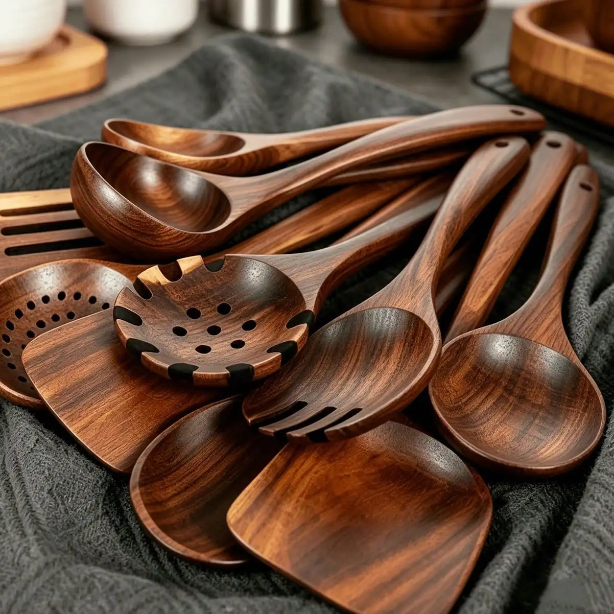 Wooden Kitchen Utensils Set Rustic Farmhouse Dark Natural Teak Wood Spatula 10 Piece Set Non Stick Cooking Spoons Heat Resistant Utensils Set For Kitchen Cooking Baking Serving Nonstick Cookware Housewarming Gift