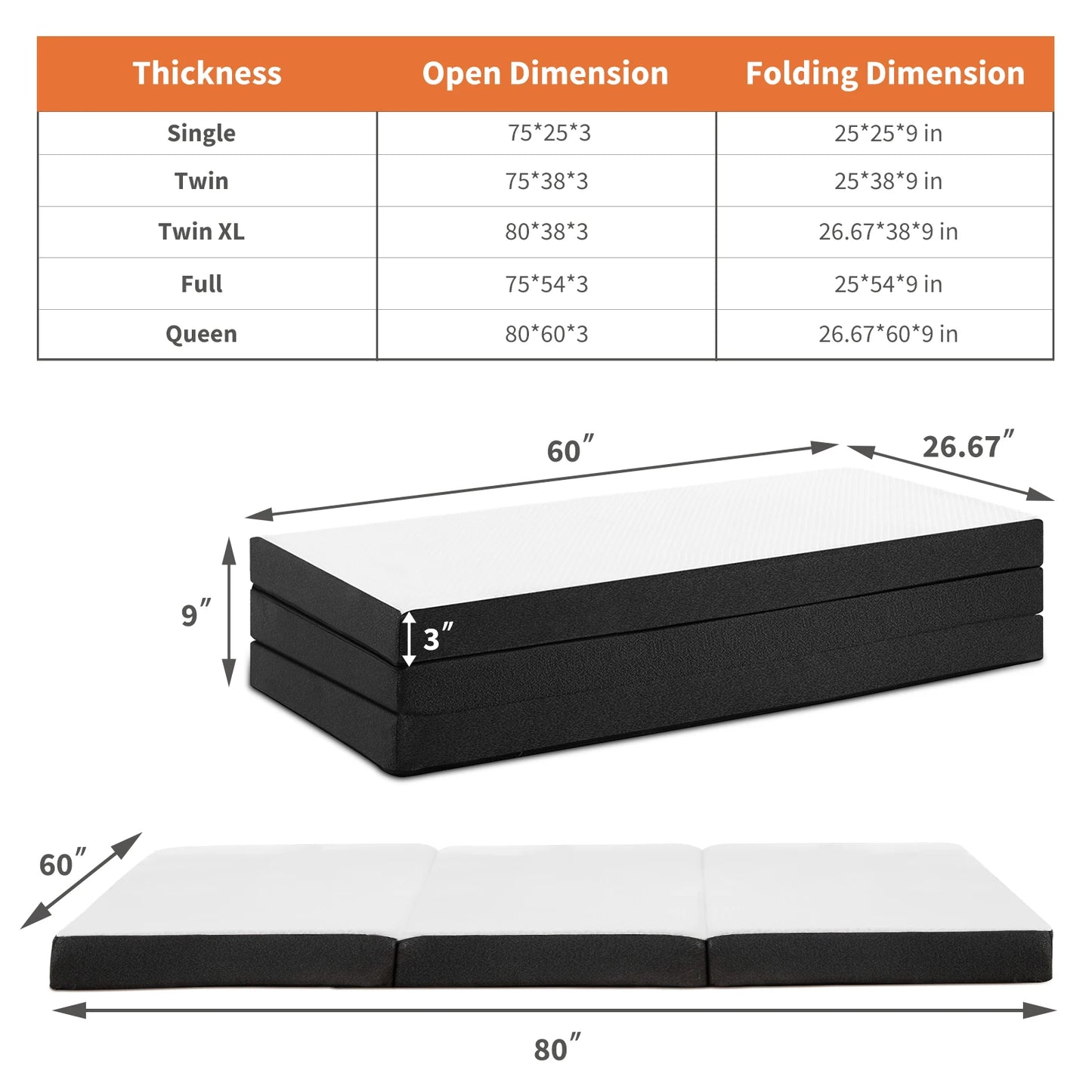 JHK Three Fold Portable Floor Bed CertiPURUS Certified For Travel