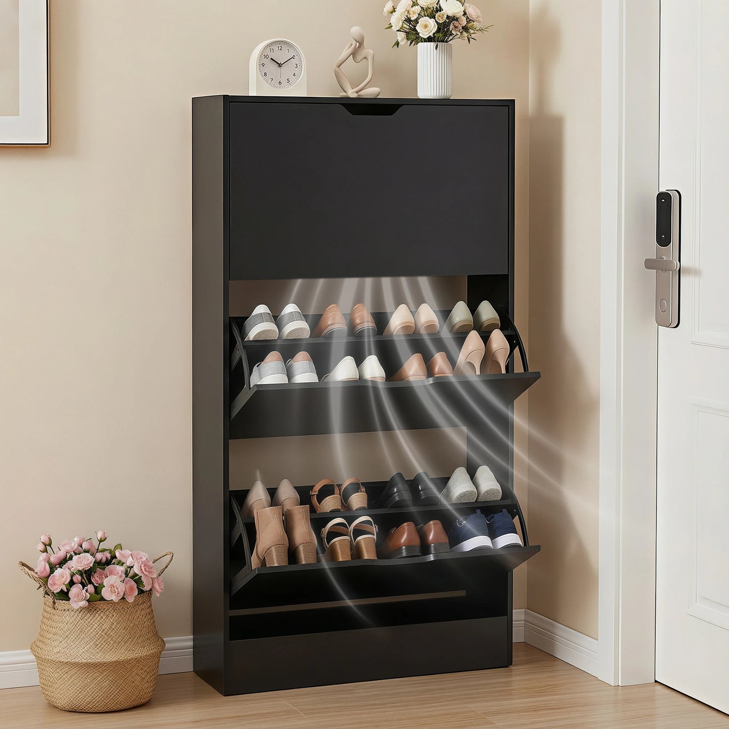 Slim Wooden Shoe Cabinet With 3 Flip Drawers For Entryway