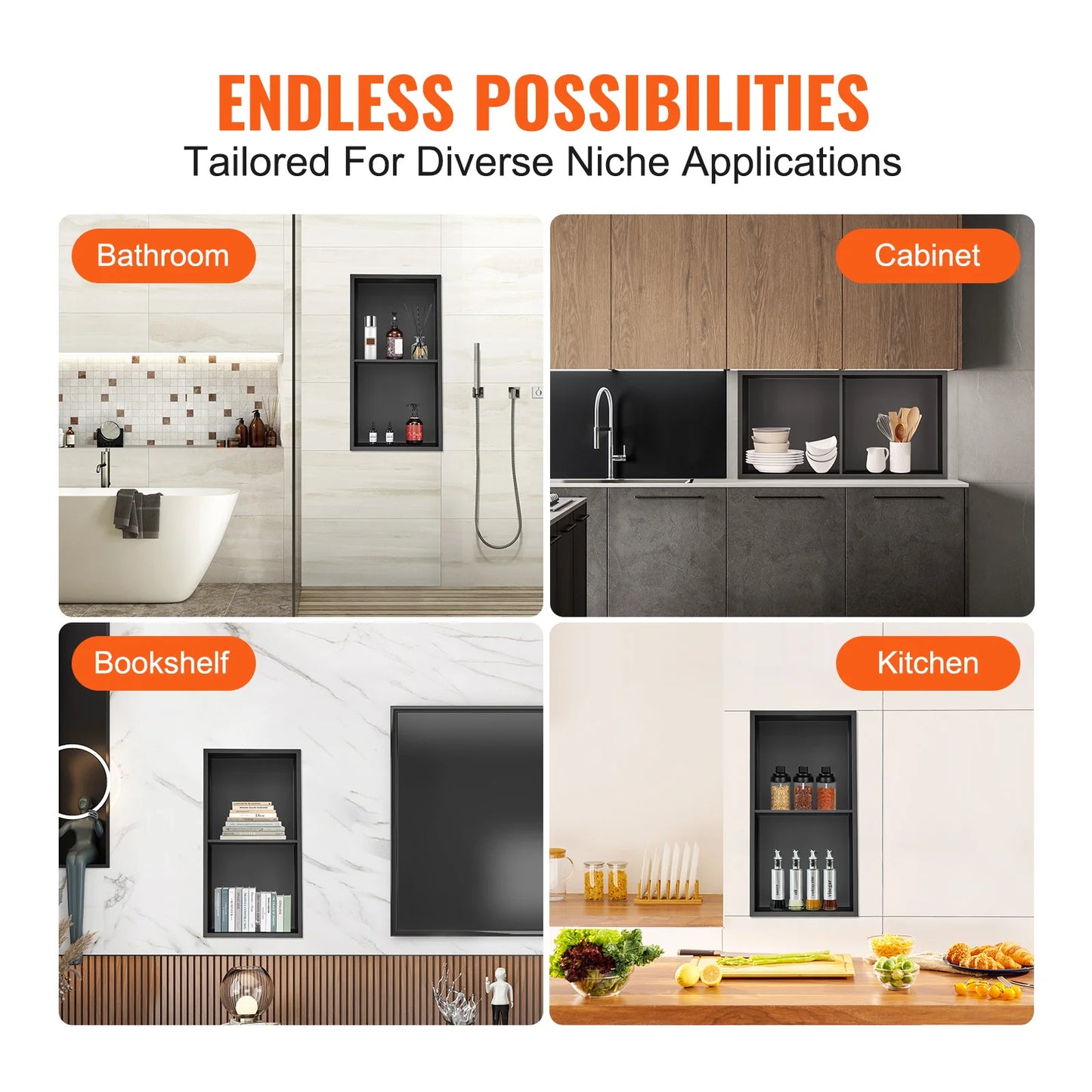 SucceBuy No Tile Shower Niche 304 Stainless Steel Wall Inserted Niche Recessed Double Shelves for Shower Soap Storage Bathroom