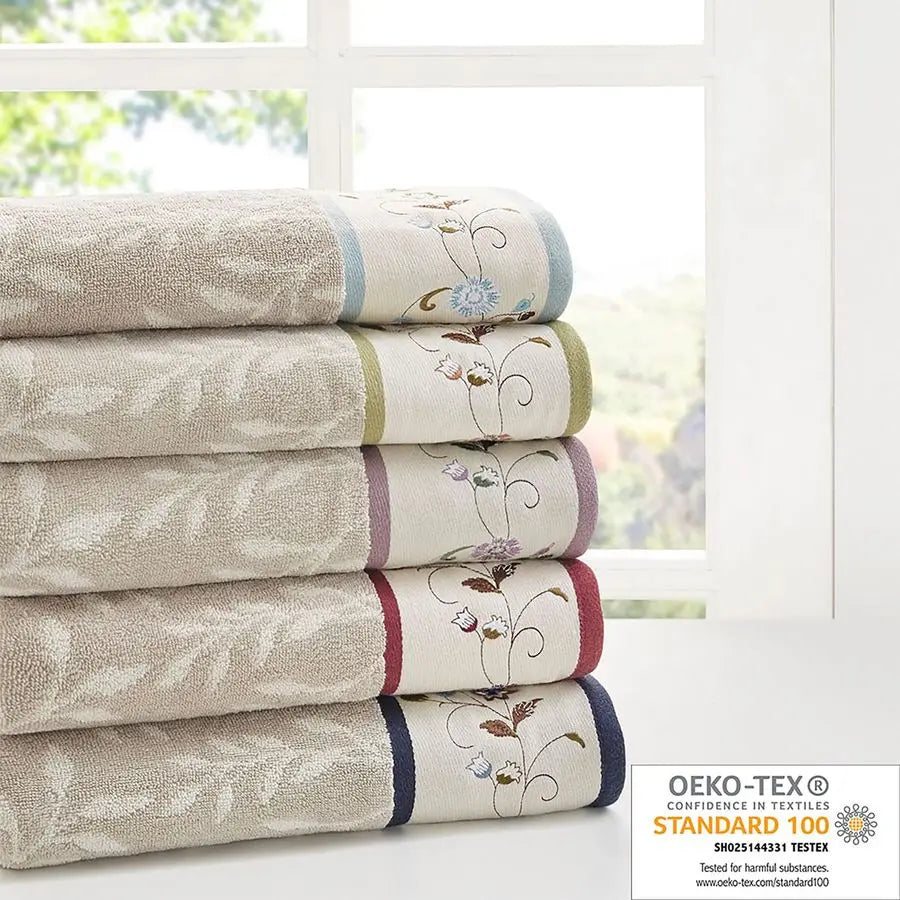 Serene Cotton Bath Towel Set With Floral Embroidered Jacquard Design