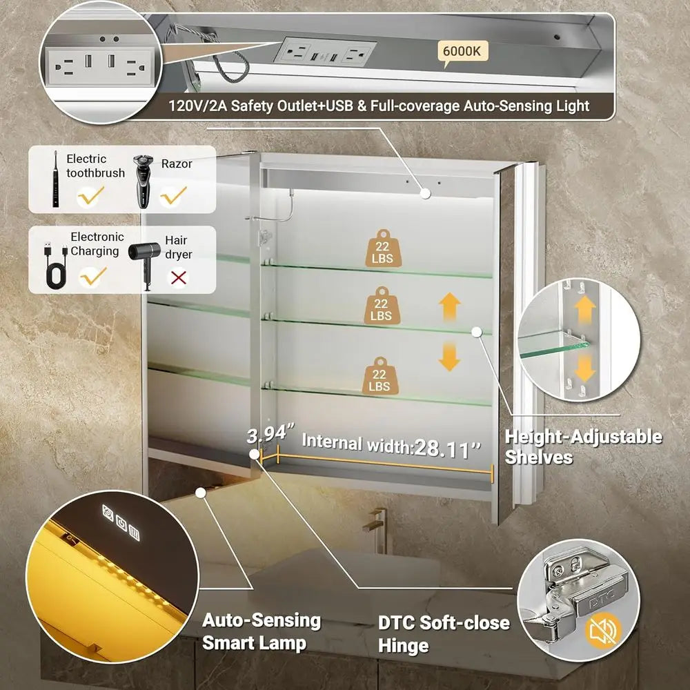 LED Illuminated Medicine Cabinet With Night Light And Touch Sensor