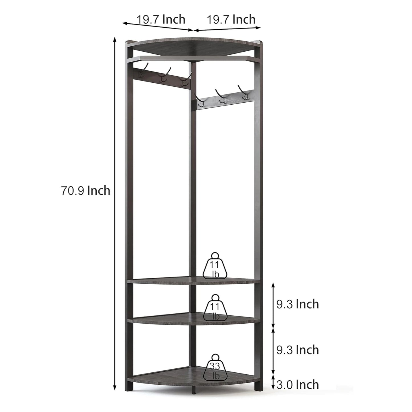 HiMISS Corner Coat Rack Featuring 6 Hooks And 3 Shelves