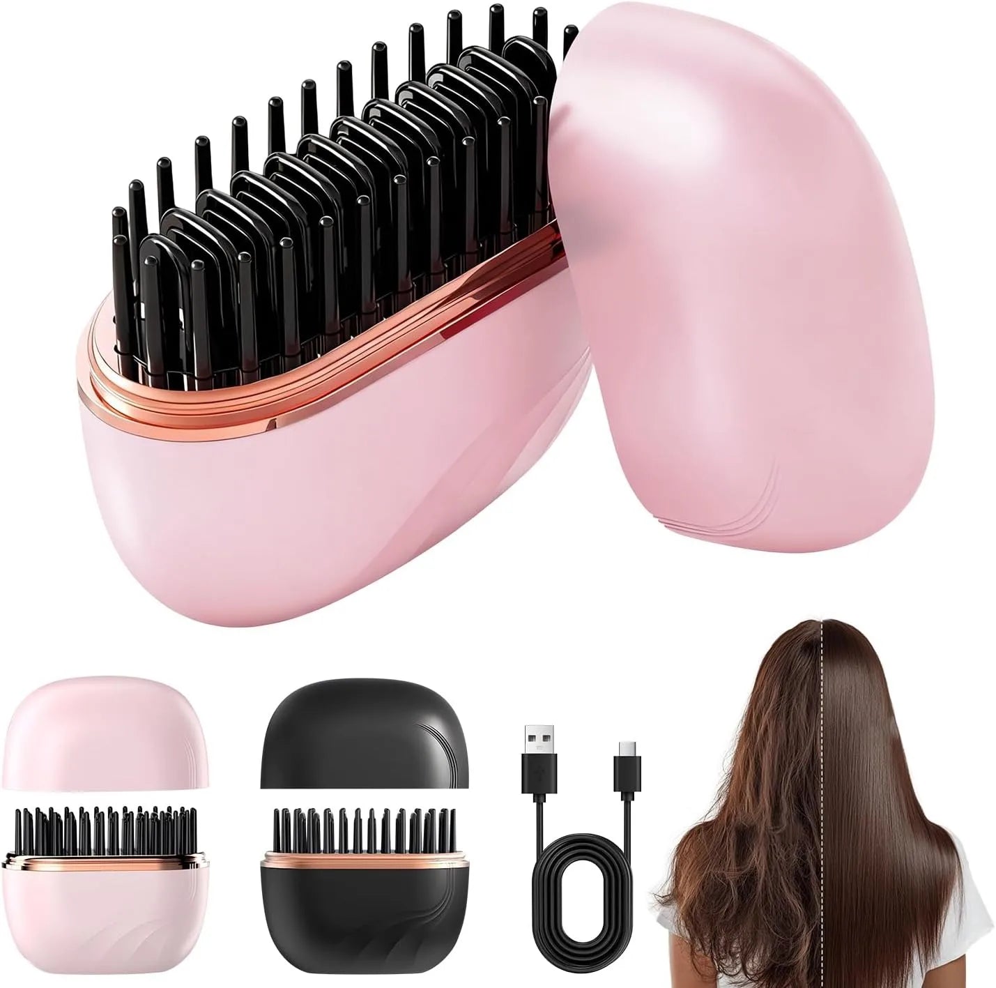 Mini Rechargeable Hair Straightener Brush With 3 Speed Temperature Control