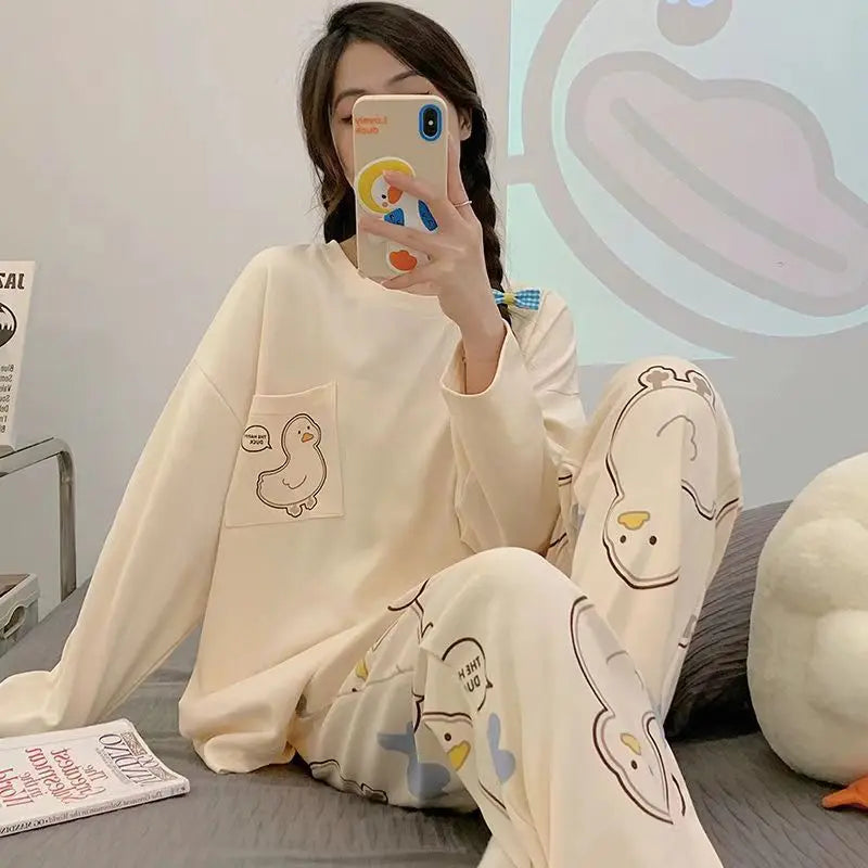 Women's Cartoon Print Pajama Set For Spring And Autumn