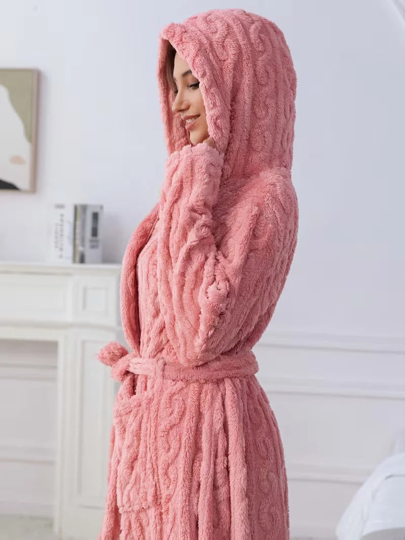 Women Thickened Hooded Coral Fleece Plush Lounge Bathrobe