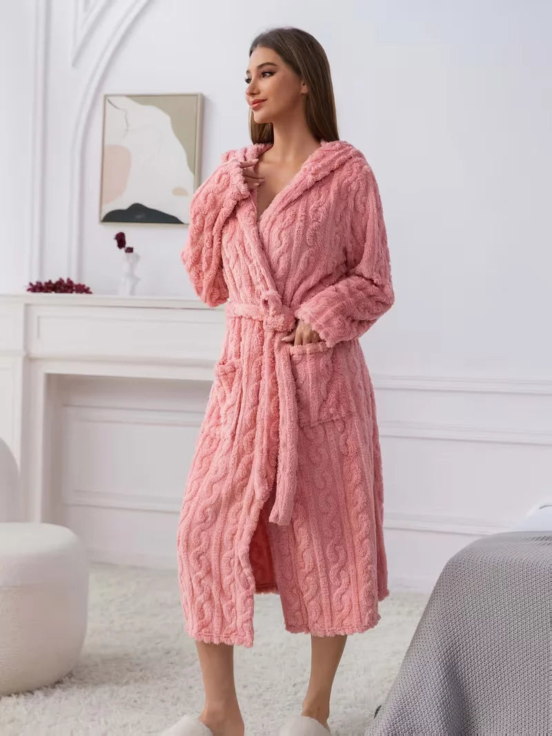 Women Thickened Hooded Coral Fleece Plush Lounge Bathrobe
