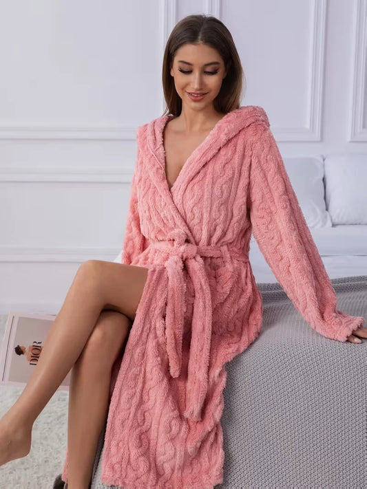 Women Thickened Hooded Coral Fleece Plush Lounge Bathrobe