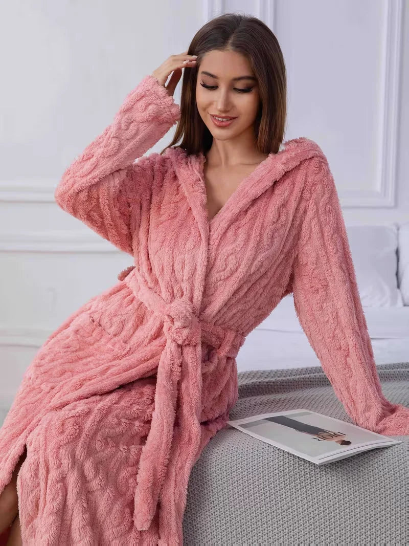 Women Thickened Hooded Coral Fleece Plush Lounge Bathrobe