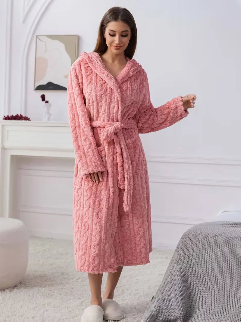 Women Thickened Hooded Coral Fleece Plush Lounge Bathrobe