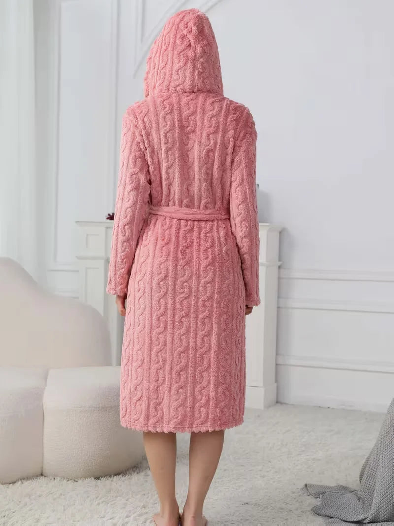Women Thickened Hooded Coral Fleece Plush Lounge Bathrobe
