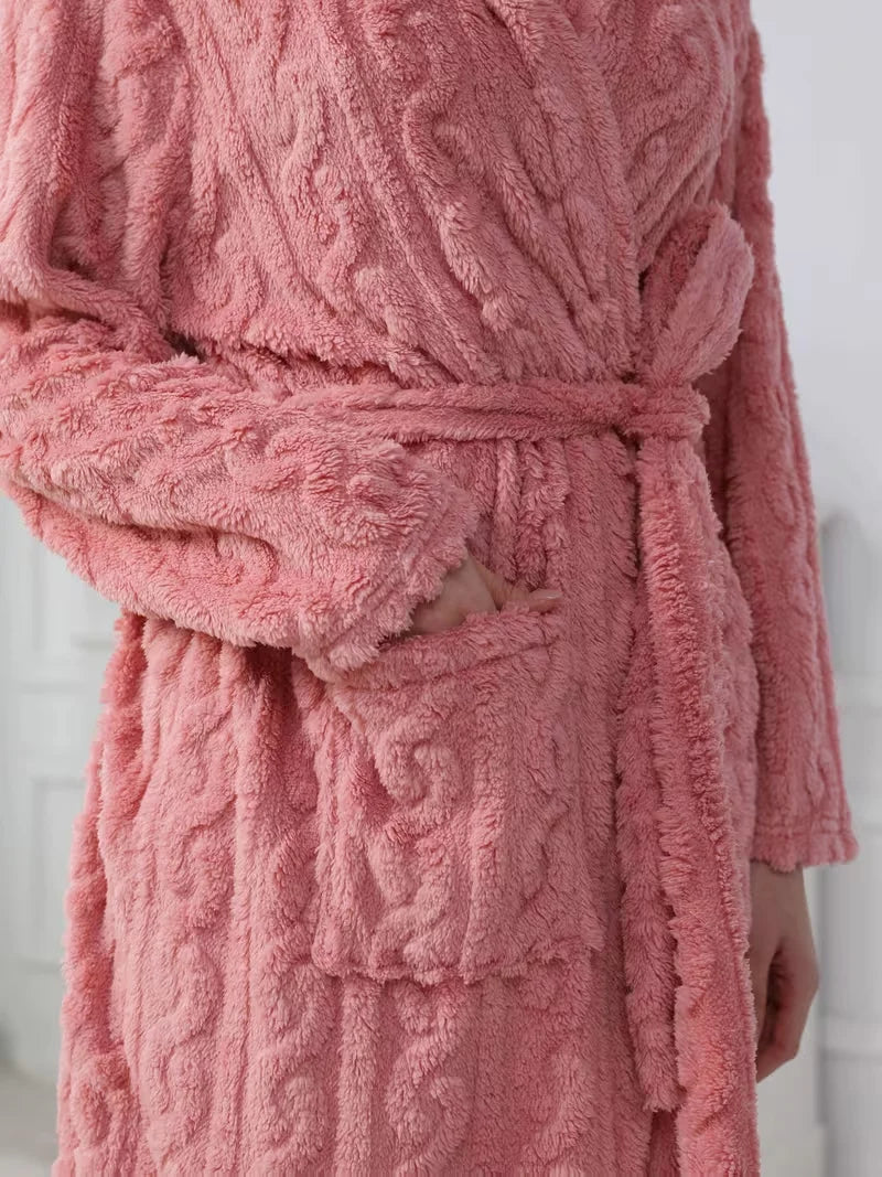 Women Thickened Hooded Coral Fleece Plush Lounge Bathrobe
