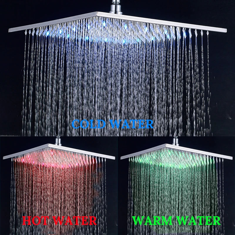 Shinesia LED Rainfall Shower Head Stainless Steel Square Changing Lights