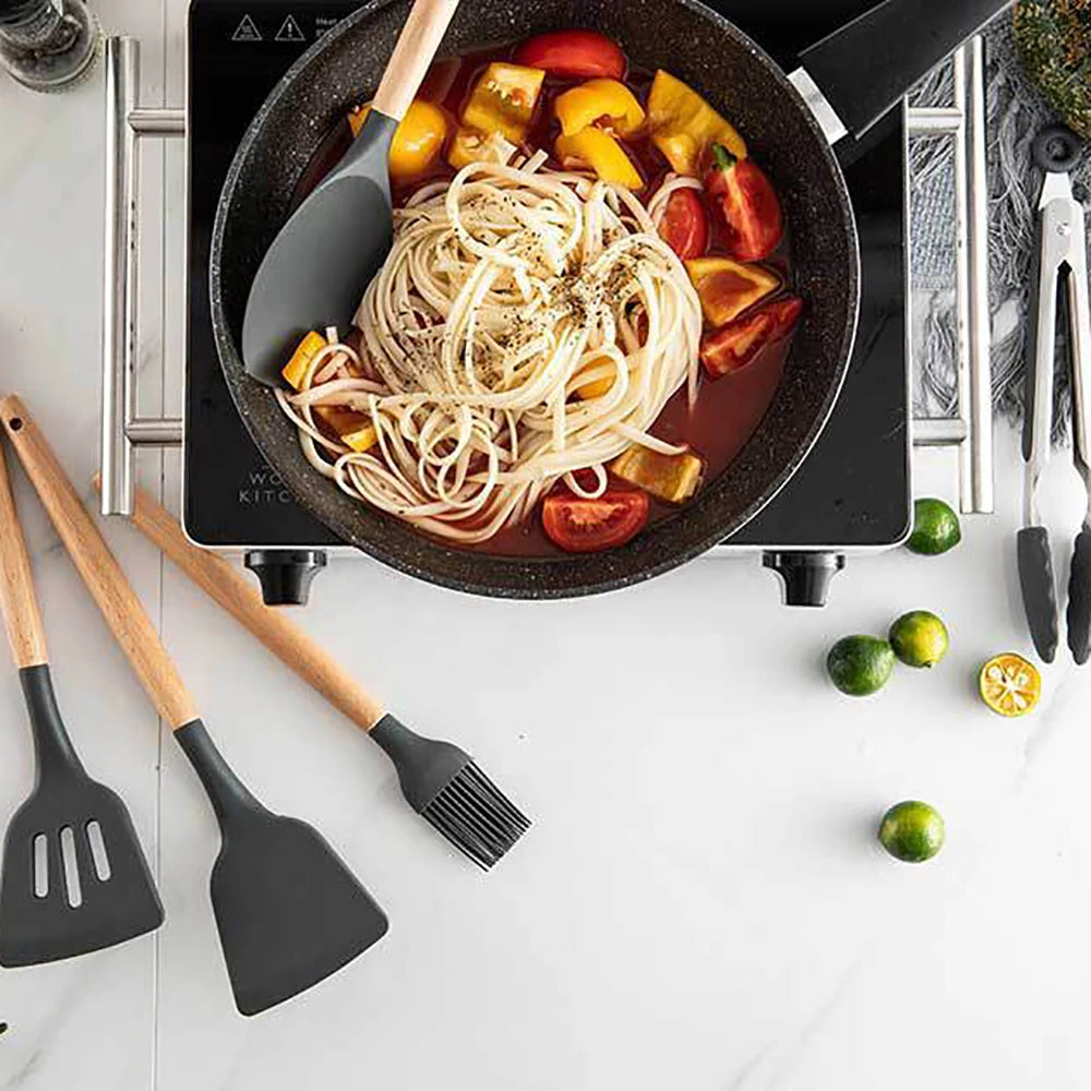Silicone Kitchen Utensils Set With Wooden Handles