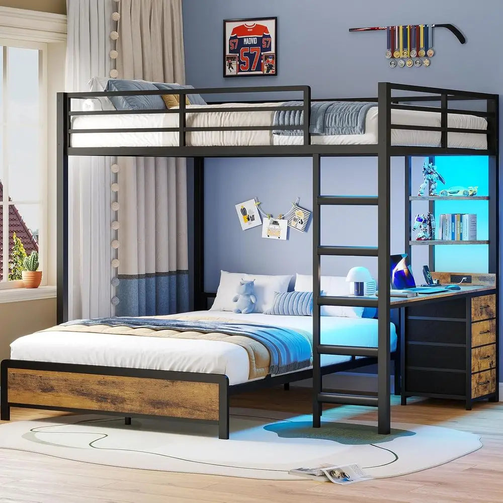 Bunk Bed With Desk, LED Lights, Storage And Charging
