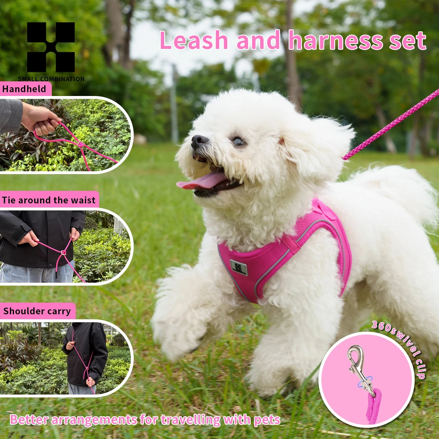 Small Combination Reflective Dog Harness Leash Set Adjustable
