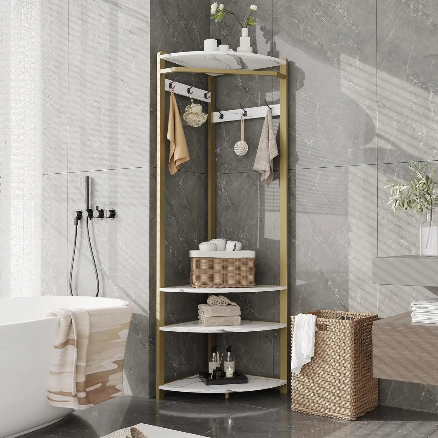 HiMISS Corner Coat Rack Featuring 6 Hooks And 3 Shelves