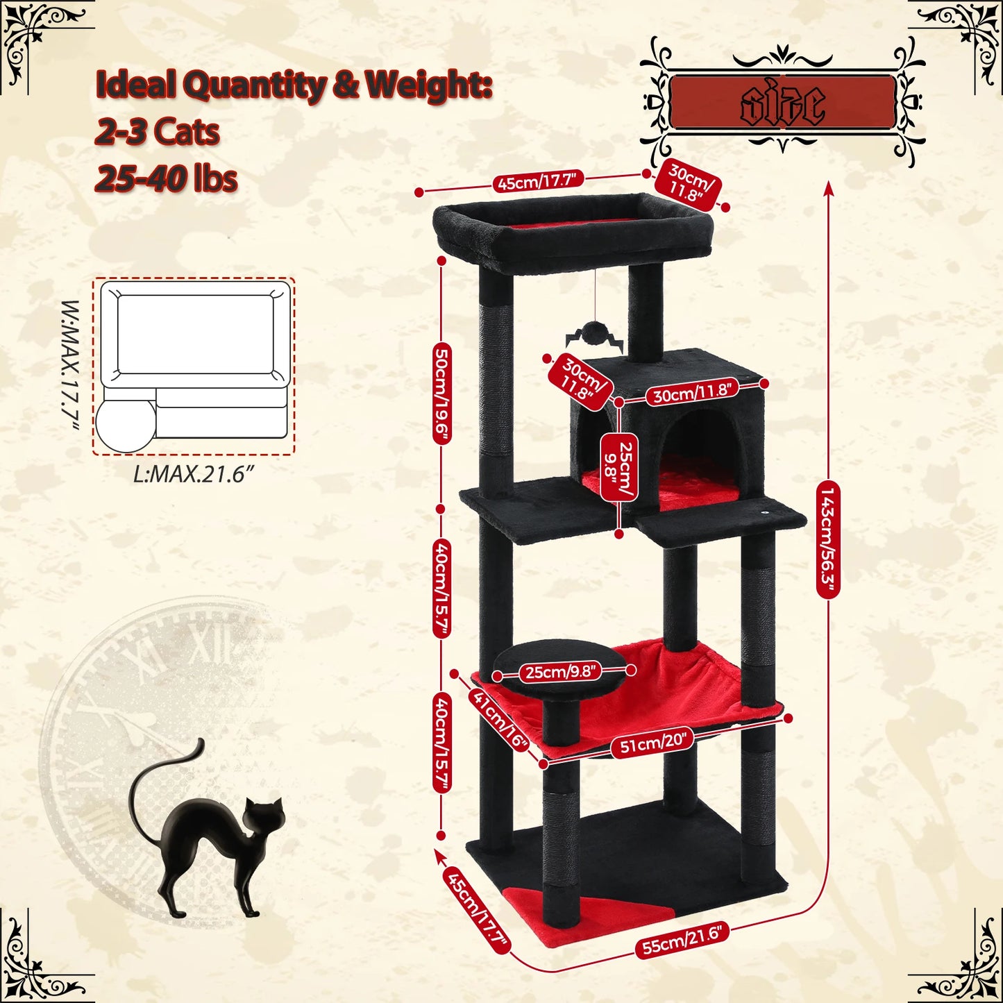 PAWZ Road Gothic Indoor Cat Tree Tower With Large Hammock Sisal Scratching Post
