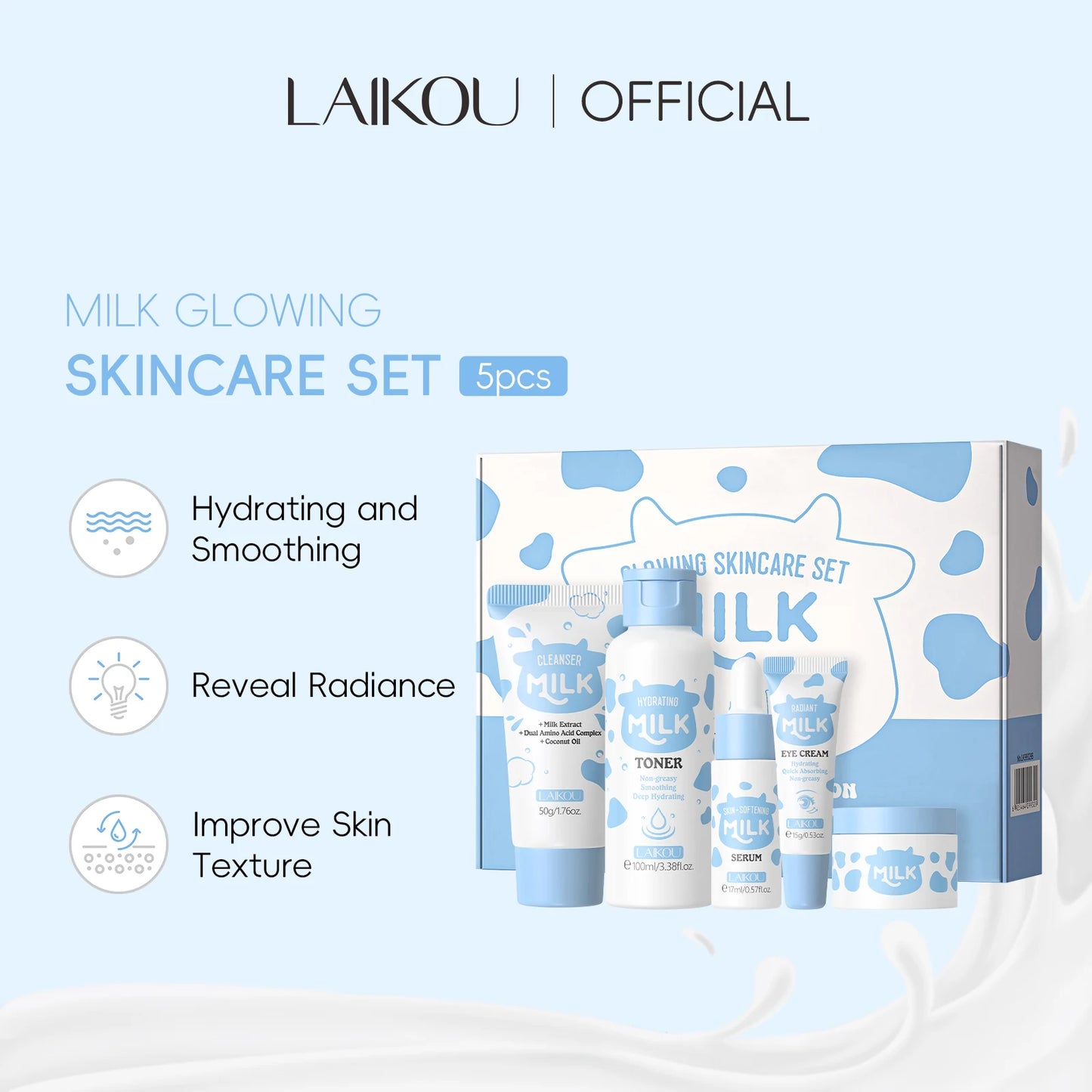 LAIKOU Milk Glowing Skincare Set Hydrating Brightening Anti-Age