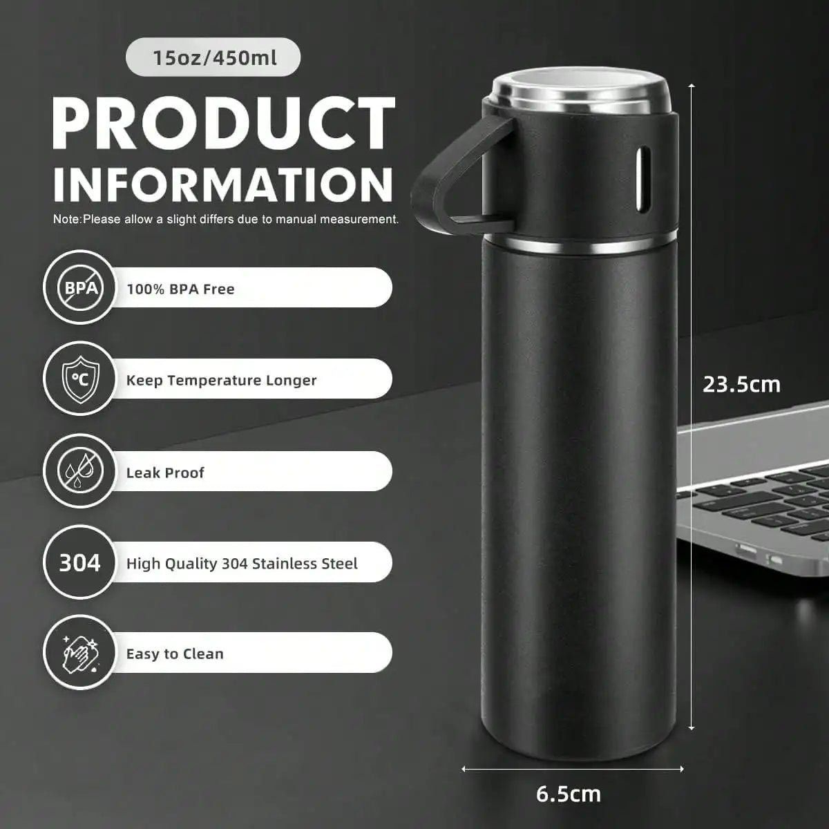 Vacuum-Insulated Stainless Steel Coffee Thermo Flask - 500ml Portable Silicone-Lidded Water Bottle with Cup, for Hot/Cold Drinks, Blue, 3-Cup Design, Bottled Beverage Travel Companion