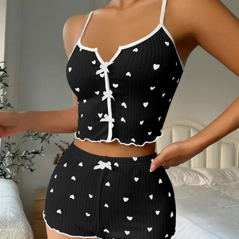 Women Summer Knit Ribbed Crop Top And Shorts Pajama Set