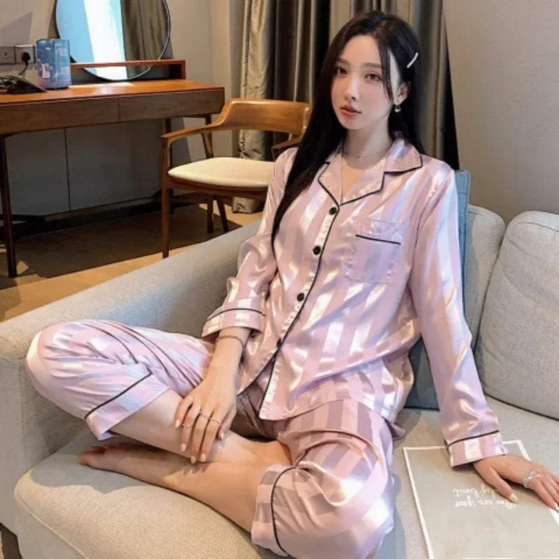 Women Satin Pajama Set Striped Two Piece Cardigan Roll Neck