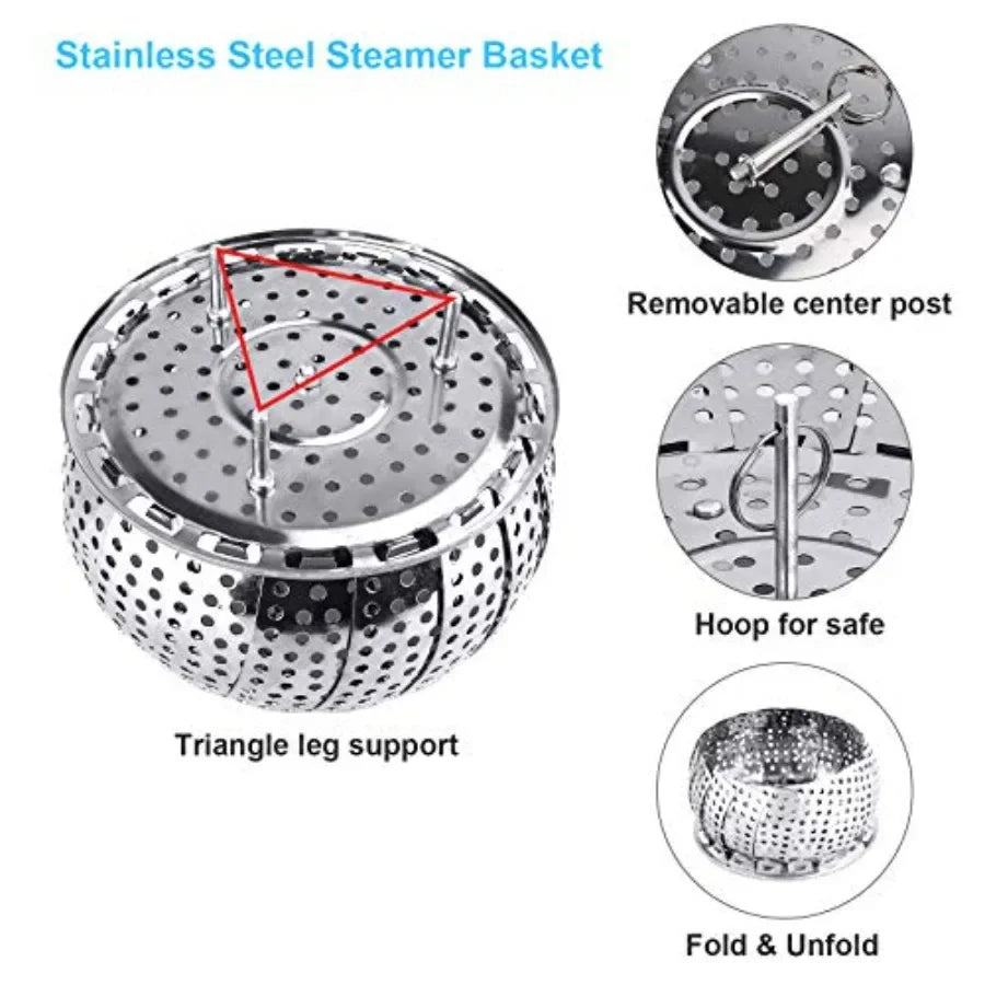 Veggie Vegetable Steamer Basket, Folding Steaming Basket, Metal Collapsible Stainless Steel Steamer Basket Insert, for Cooking