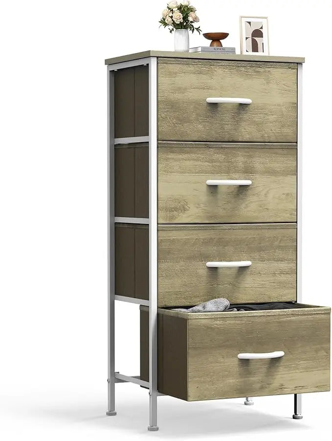 XIUWO Nightstand With 4 Fabric Drawers Modern Wood Top Cabinet