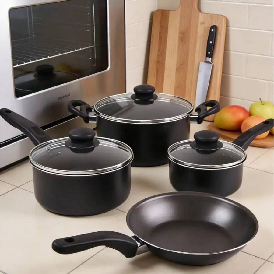 7 Piece Nonstick Cookware Set Modern Minimalist Black Matte Aluminum Pots And Pans Set Tempered Glass Lids Heat Resistant Handles Lightweight Cooking Set For Kitchen Gas Stove RV Home Essentials Housewarming Gift