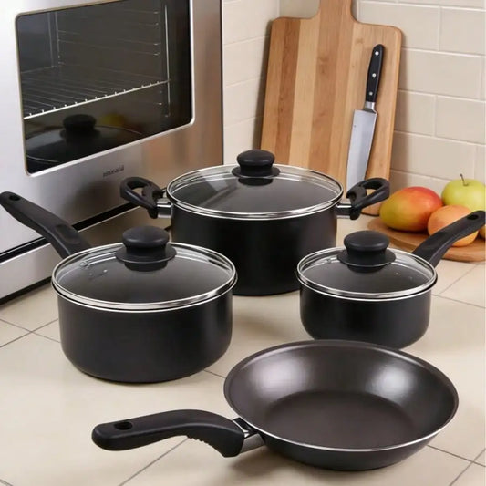 7 Piece Nonstick Cookware Set Modern Minimalist Black Matte Aluminum Pots And Pans Set Tempered Glass Lids Heat Resistant Handles Lightweight Cooking Set For Kitchen Gas Stove RV Home Essentials Housewarming Gift