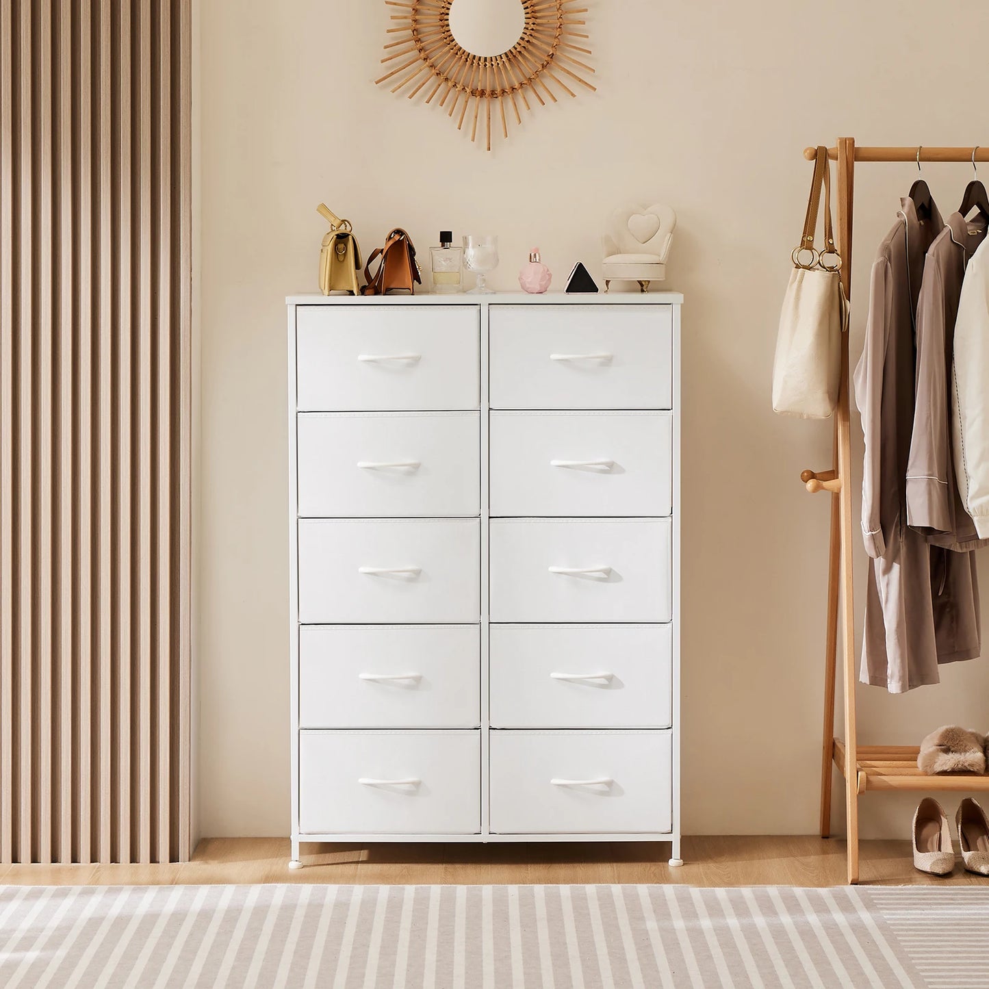 JHK Bedside Table With Fabric Drawers And Steel Frame Wardrobe