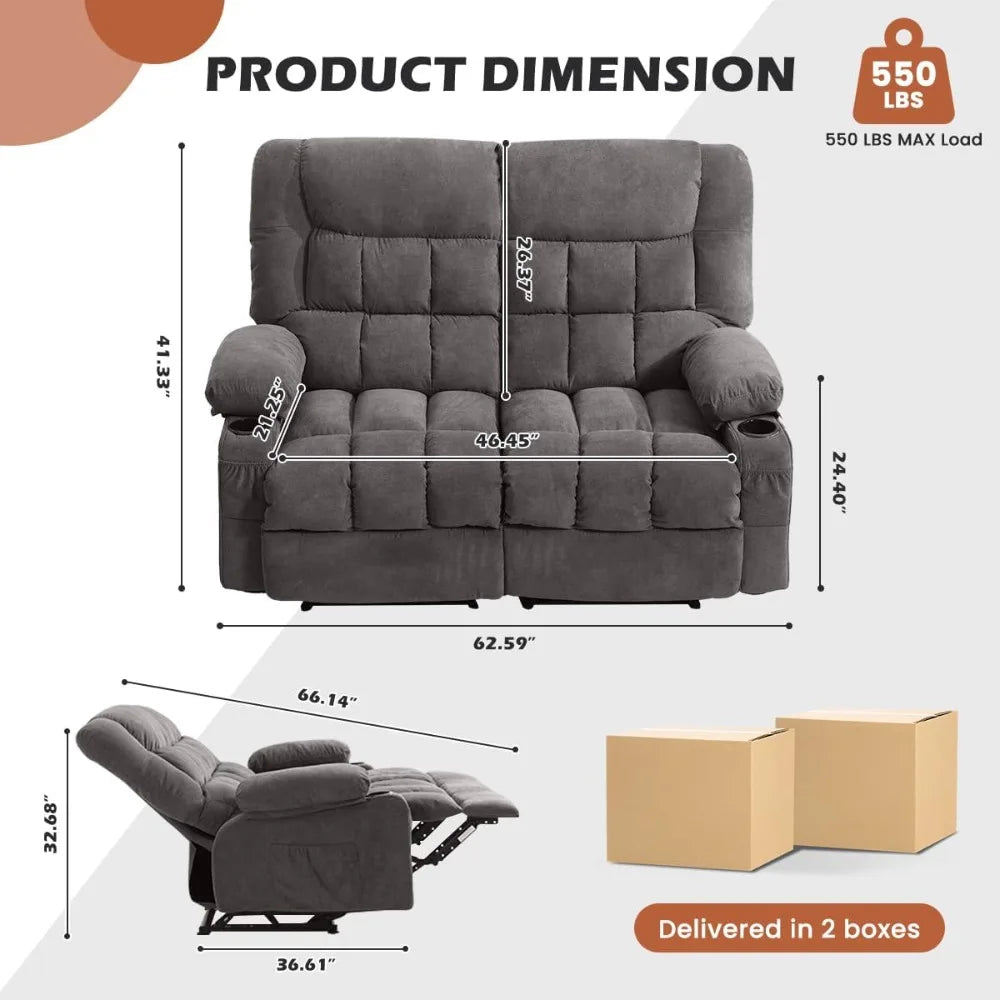 Oversized Recliner Loveseat With Cup Holders Side Pocket Manual Ergonomic