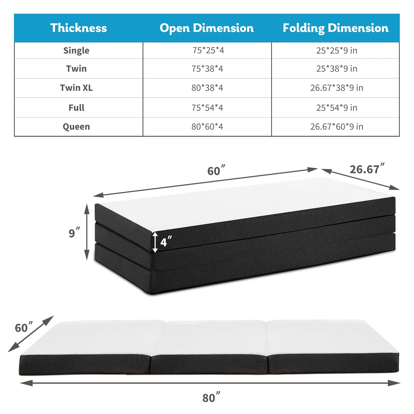 JHK Three Fold Portable Floor Bed CertiPURUS Certified For Travel
