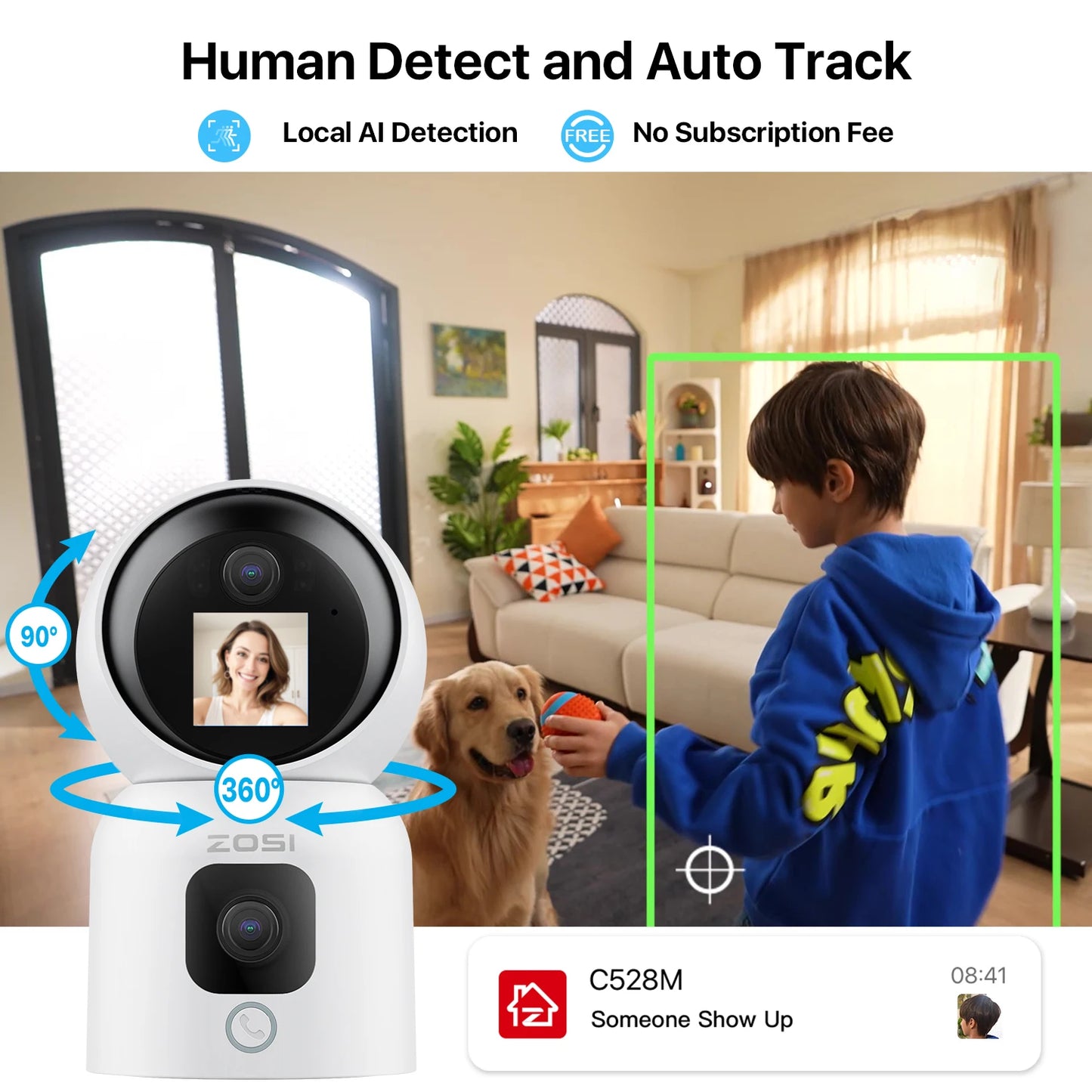 ZOSI 360 Degree Smart Home Security Camera AI Auto Tracking