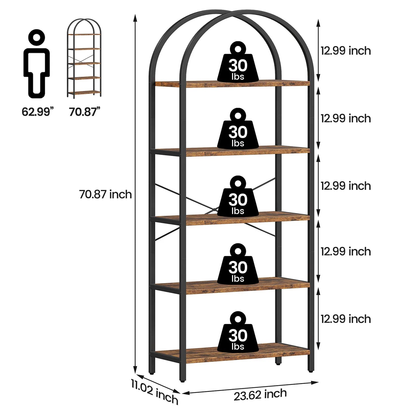 TWISTER.CK 5-Tier Arched Bookshelf Industrial Open Bookcase