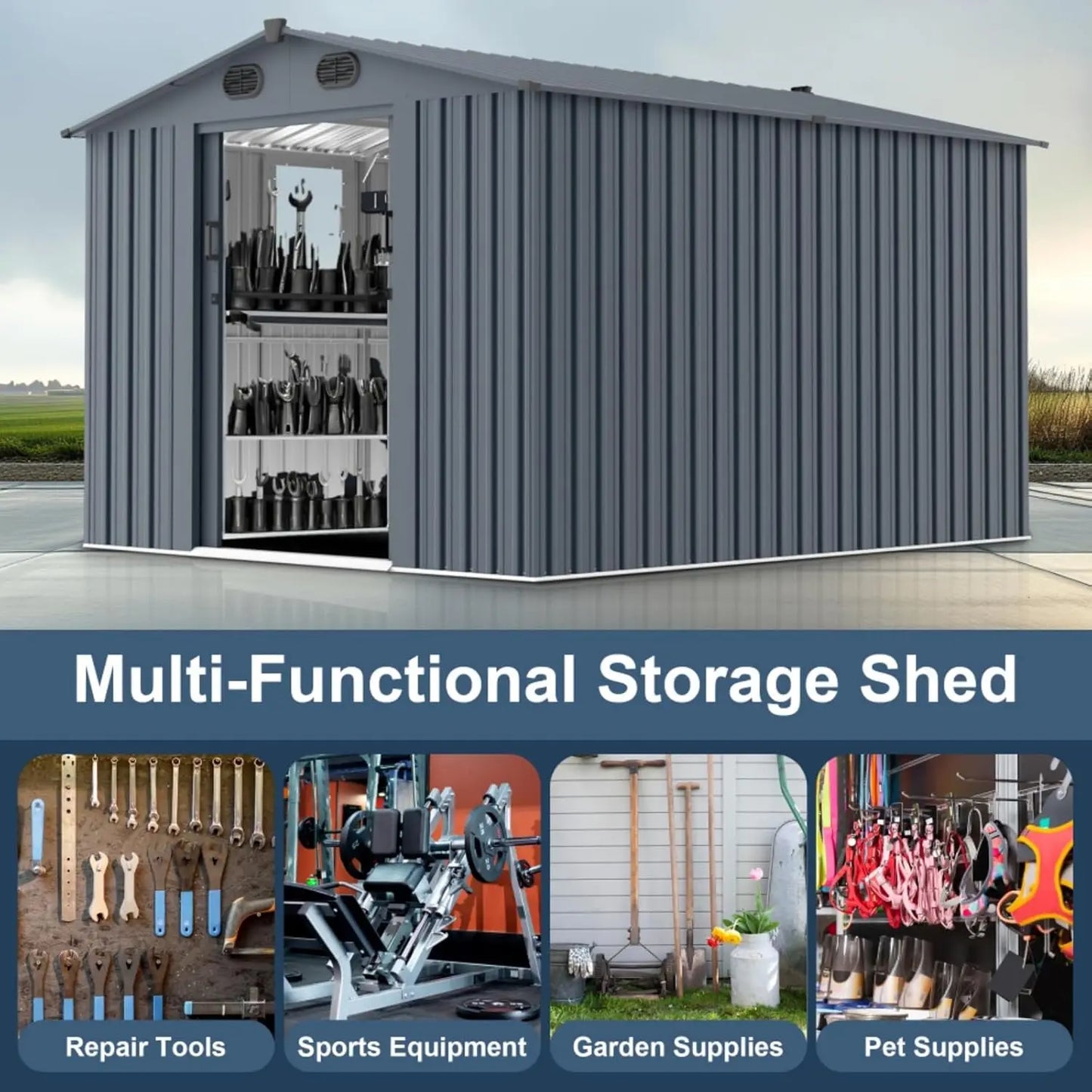 Outdoor Metal Storage Shed With Window And Lockable Doors