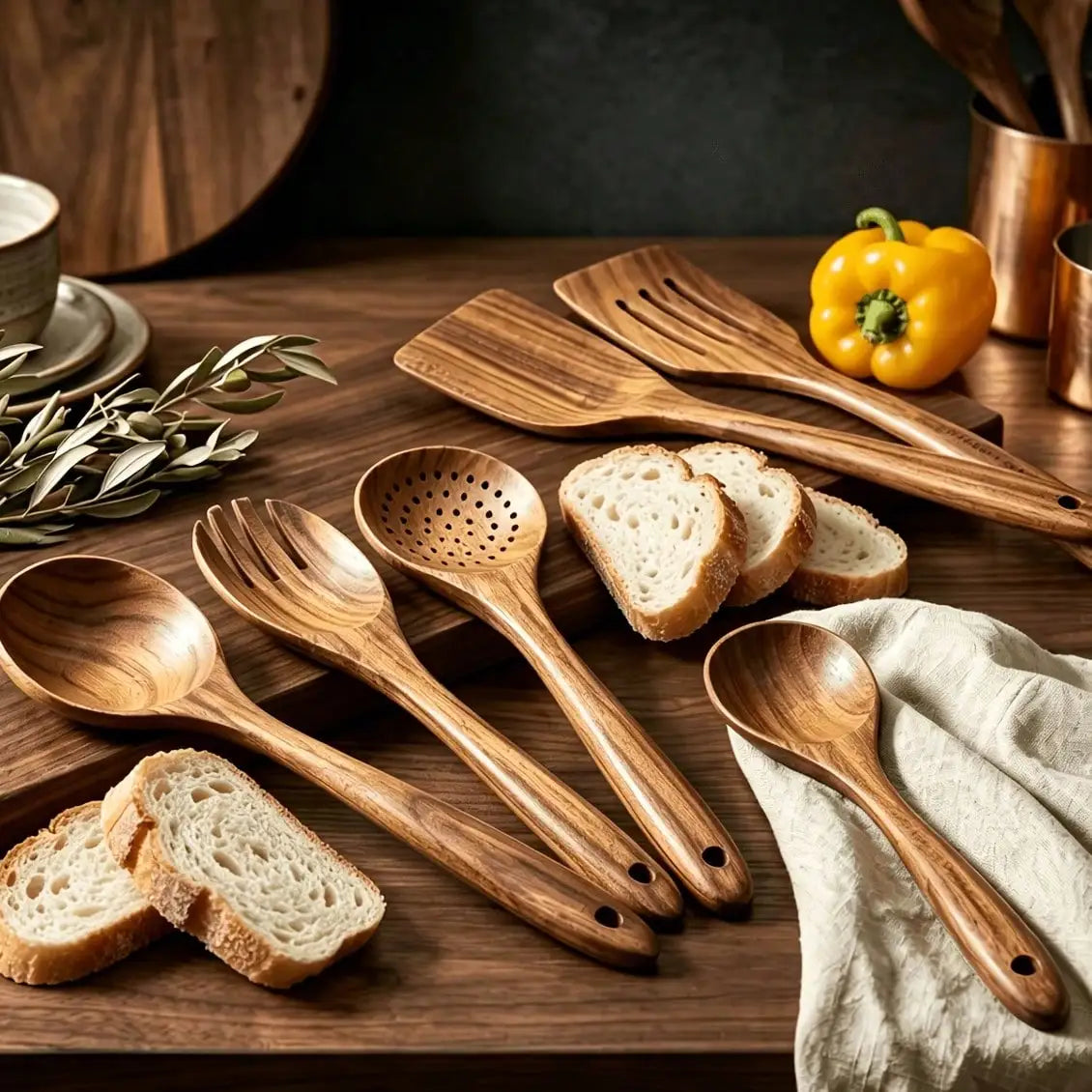 Wooden Kitchen Utensils Set Rustic Farmhouse Dark Natural Teak Wood Spatula 10 Piece Set Non Stick Cooking Spoons Heat Resistant Utensils Set For Kitchen Cooking Baking Serving Nonstick Cookware Housewarming Gift
