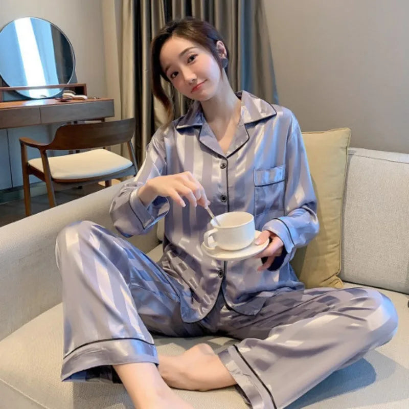 Women Satin Pajama Set Striped Two Piece Cardigan Roll Neck