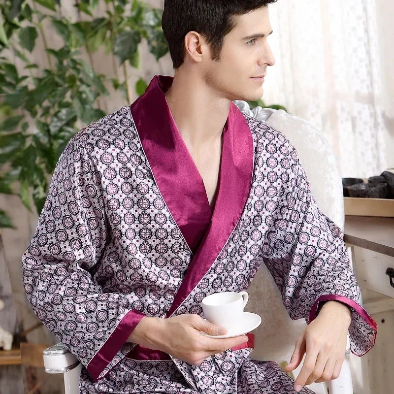 Men Bath Robe Satin Print Geometric Kimono Silk Dressing Gown